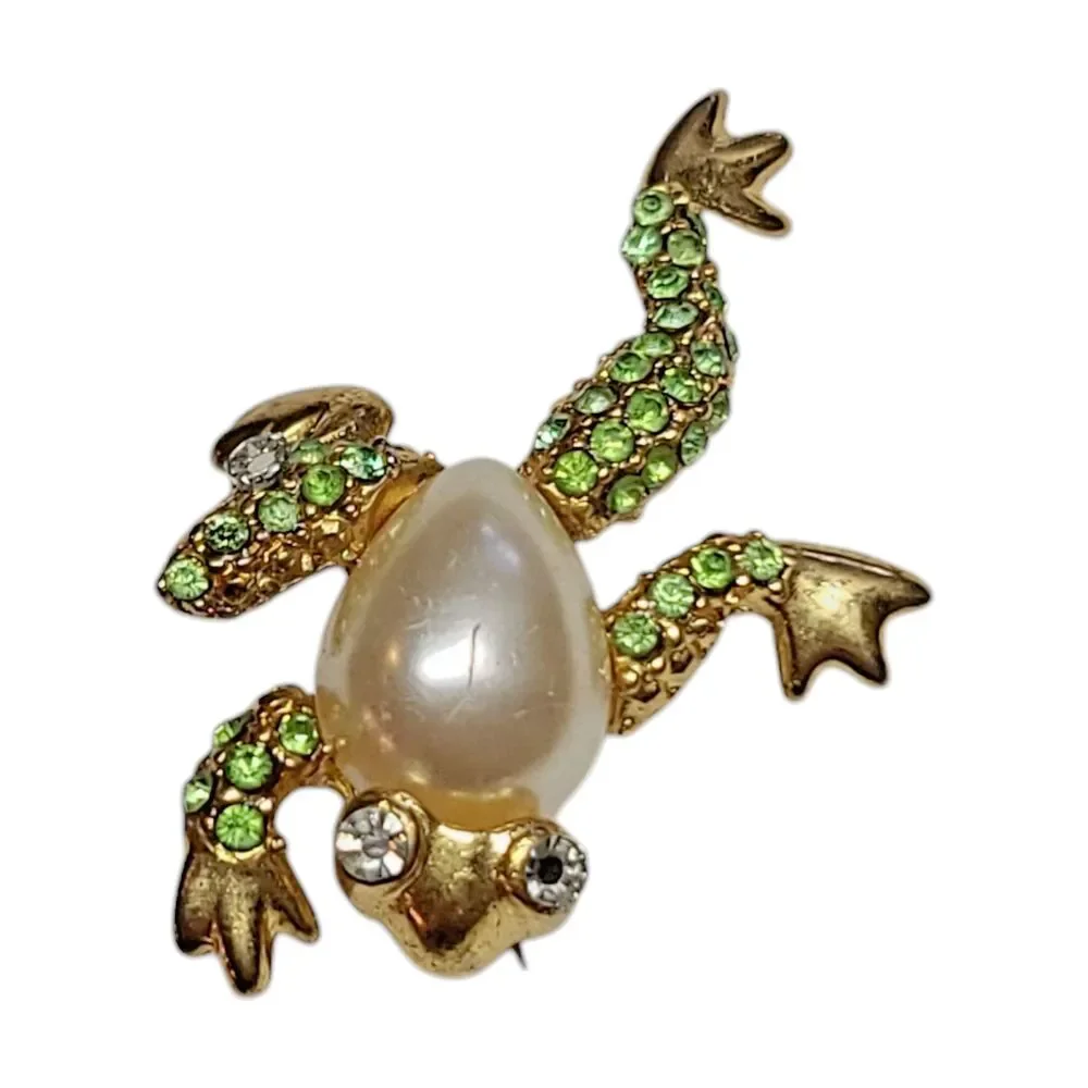 Vintage Gold Tone Frog Brooch Pin Green AB Rhinestone Crystals Faux Pearl Belly
